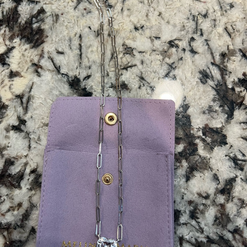 Melinda Maria Silver Paperclip Chain with heart pendent,  Lavender pouch